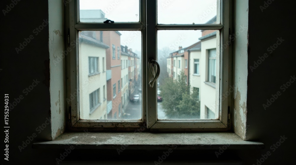 Fototapeta premium A weathered windowsill reveals a view of a quiet street, lined with aged buildings, seen through a dusty, multi-paned window with a worn, metallic handle.
