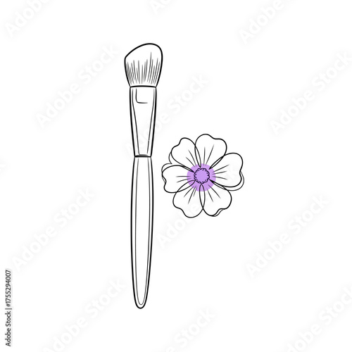 Vector art of minimalist line art of a makeup brush and a flower, , representing beauty, cosmetics, artistry, and natures gentle touch, ideal for beauty blogs and fashion content