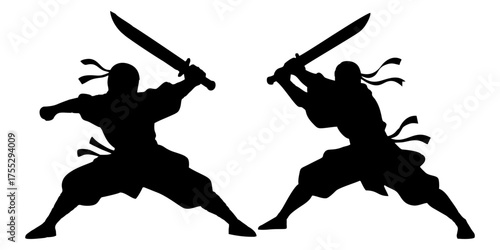 Dynamic Ninja Warrior Silhouettes with Swords