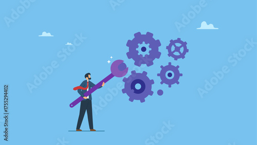 Businessman holding wrench to adjust gear cogwheels setting. Adjustment and optimization for business improvement, change or fine tune for smooth ride, repair and maintenance service.