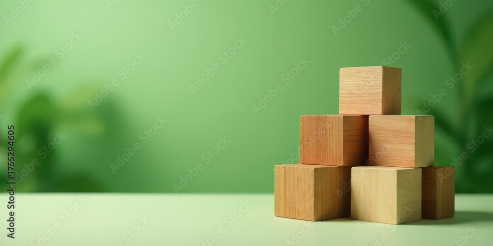 Obraz premium A Stack of Unfinished Wooden Cubes Against a Verdant Background, Representing Growth and Potential