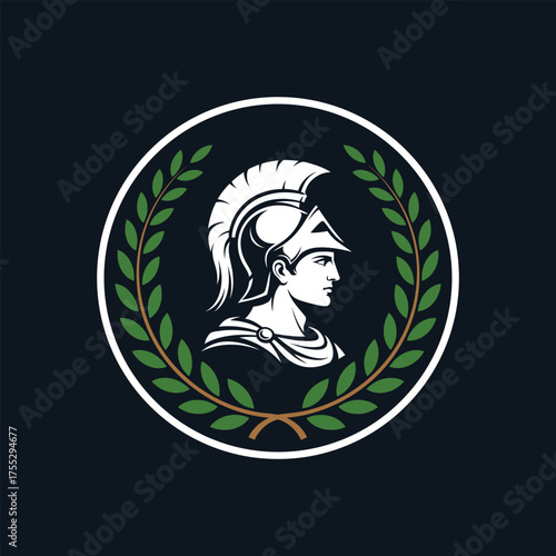 Ancient roman soldier bust profile within a laurel wreath circle emblem on dark background