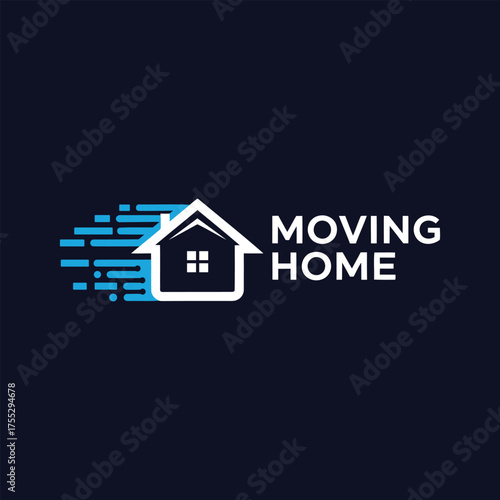 Modern abstract logo design of a house with motion blur effect and the text moving home