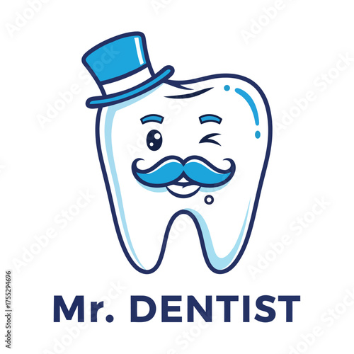 Cute cartoon tooth character wearing a top hat and mustache representing a friendly dentist