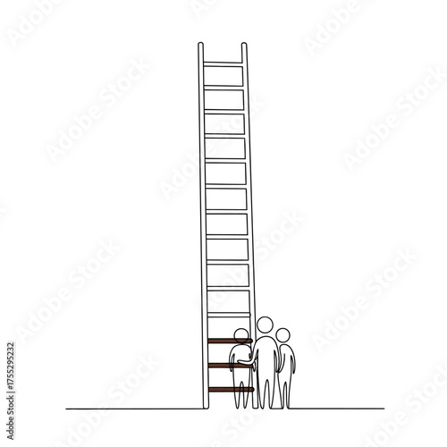 Vector art of three stylized figures standing at the bottom of a tall ladder, representing ambition, opportunity, and the journey to success