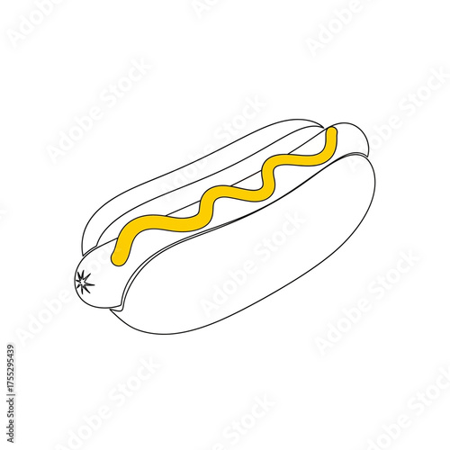 Vector art of a simple line drawing of a hot dog with mustard in a bun, isolated on a, representing a classic fast food item, perfect for culinary or graphic design projects