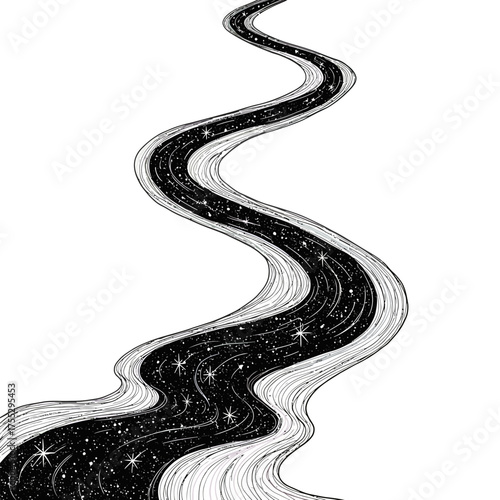 Vector art of a winding, dark, starry river flowing through a black void, evoking a sense of mystery, journey, and the cosmos