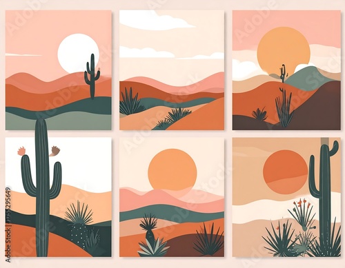 Desert Landscape Art - Minimalist Boho Style with Cacti and Sunset.