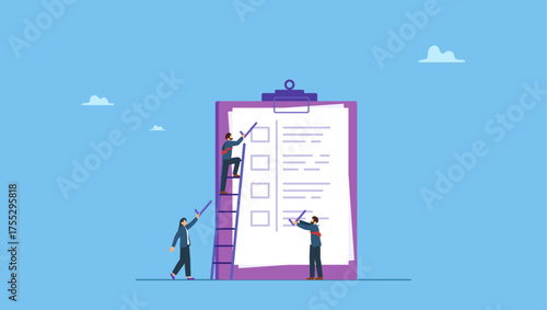 Businessman coworkers help put checkmark on checkbox task list clipboard. Finishing todo list, work checklist or accomplishment, project management, teamwork to get work done, complete plan.