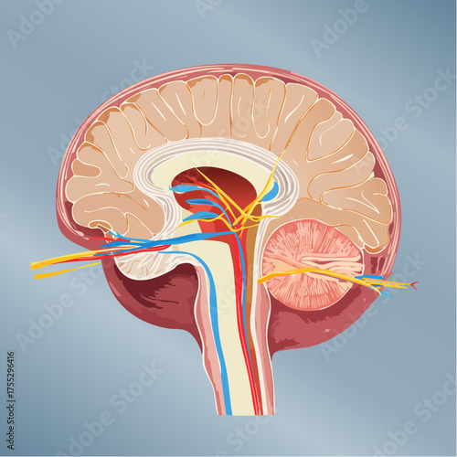 Anatomical illustration of a sagittal cross-section of the human brain showing neural pathways and major structures.