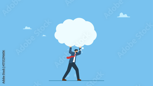 Tried depressed businessman carry heavy thinking bubble burden. Over thinking, obsessive in work or too many problems that cannot make decision.