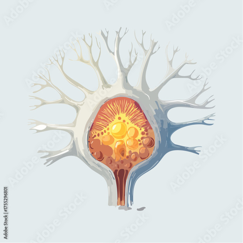 A detailed scientific illustration of a complex biological cell or organelle with a vibrant core and branching extensions.