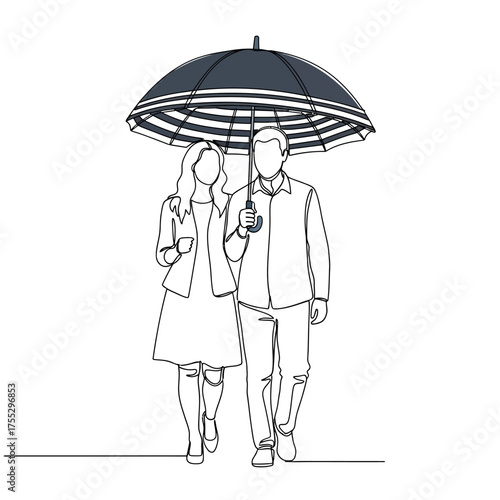 Vector art of a line art illustration of a couple walking together under a large umbrella, symbolizing companionship and protection from the elements