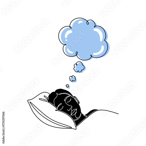 Vector art of a person sleeping peacefully on a pillow with a blue thought bubble above their head, symbolizing dreams and imagination