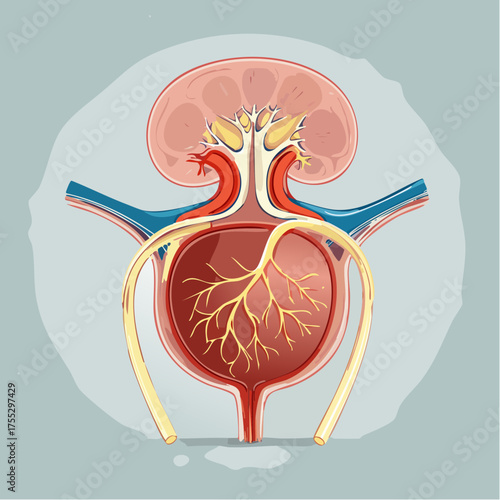 Detailed anatomical illustration of the human urinary system showing kidney, ureters, bladder, and associated blood vessels and nerves.