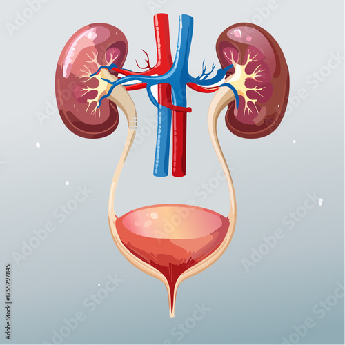 An illustration of the human urinary system, showing the kidneys, ureters, bladder, and major blood vessels.