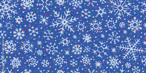 Snowflakes pattern, snow and confetti, winter vector background