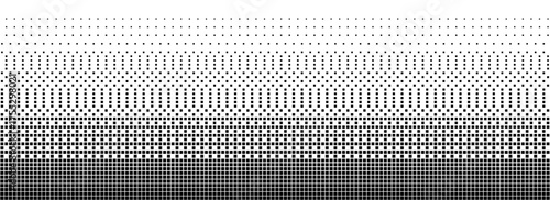 Bitmap halftone texture background. Square dot faded gradation wallpaper. Black and white binary squared pixels. Abstract glitchy 8 bit video game backdrop. Vector dither screen tone overlay