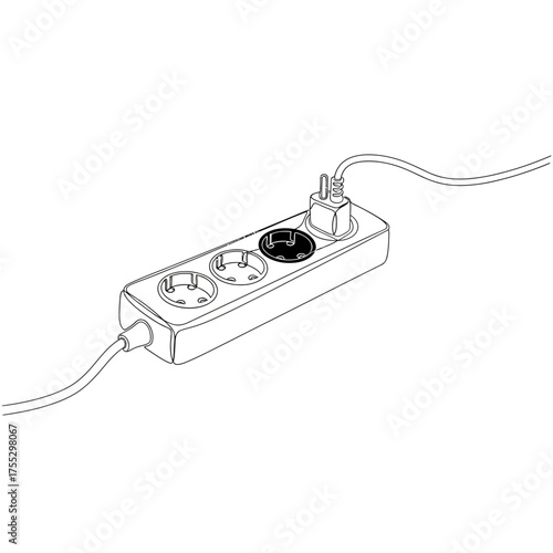 Vector art of line drawing of a european power strip with three sockets, one socket is black and another is plugged in with a european plug