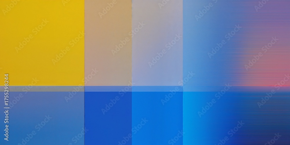 Fototapeta premium Minimalist Color Block Grid: Serene Abstract Composition with Smooth and Glitched Horizontal Gradient Panels in Yellow, Gray, and Blue Hues