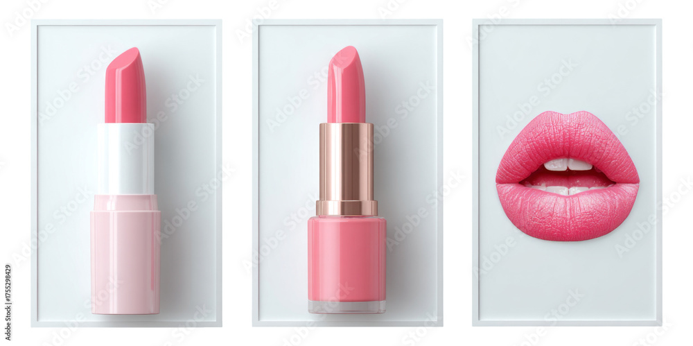 Obraz premium Elegant Pink Lipsticks and Perfect Lips on Minimalist Transparent Background