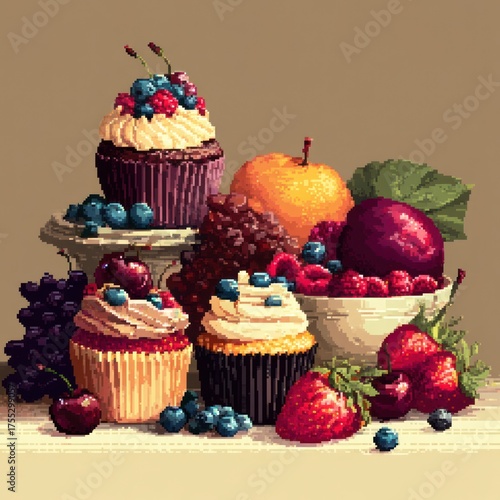 Still life of assorted fruits and cupcakes food healthy eating