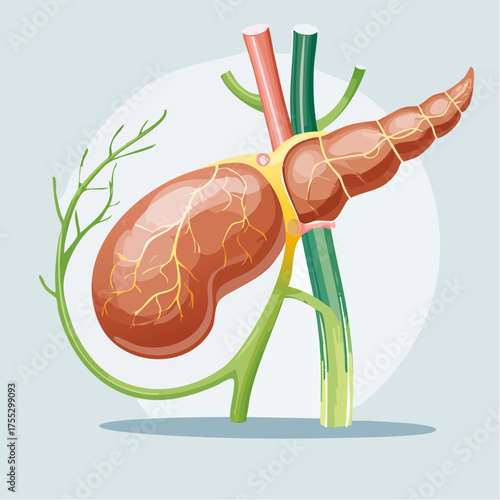 Anatomical illustration of the gallbladder and pancreas, showcasing their intricate structures and vascular networks.