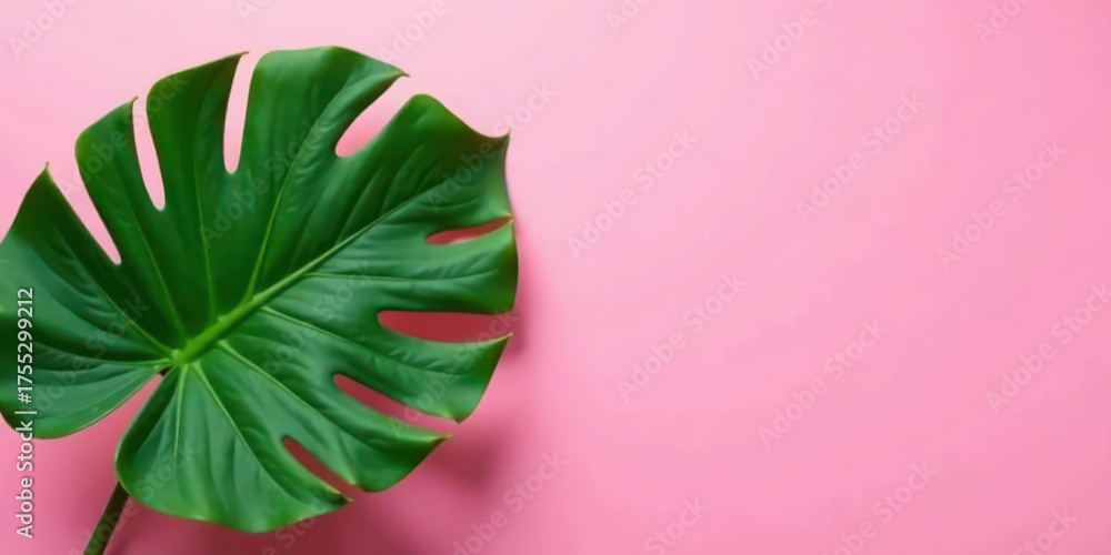 Obraz premium Vibrant Green Tropical Leaf on a Soft Pink Background, Perfect for Summer Designs and Nature-Inspired Projects