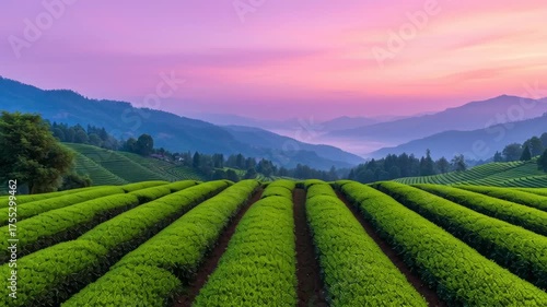 Heritage tea practice, lush green fields under a colorful sunset.