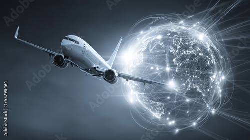 Airplane flying near a globe with data connections