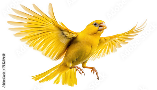 Vibrant yellow canary in midflight isolated on transparent background, displaying its outstretched wings and bright plumage in a dynamic and captivating image