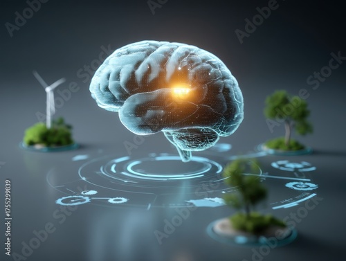 Brain with wind turbine and trees energy and innovation