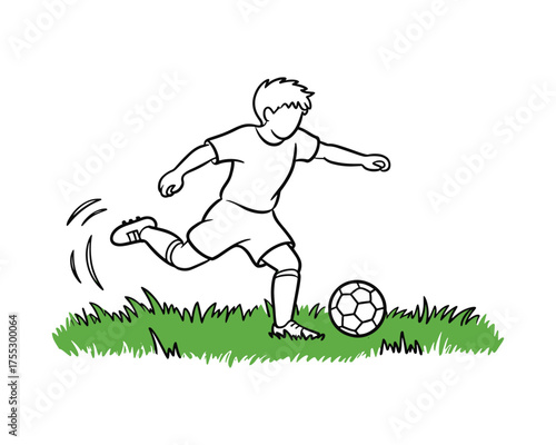 Illustration of a young boy kicking a soccer ball on grass