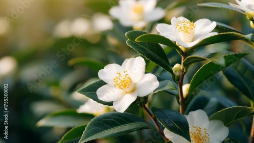 Heritage tea practice, showcasing blooming tea flowers in natural setting.
