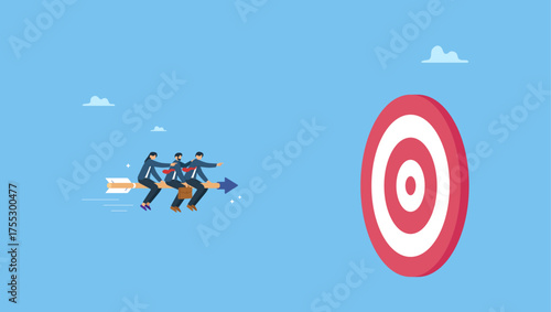 Business people team riding arrow to hit bullseye. Teamwork aiming for target, business goal or achievement, focus on goal, objective or purpose, company direction or collaboration partner.