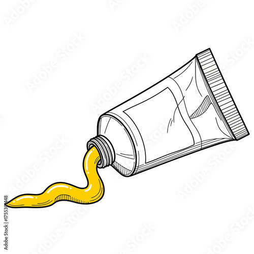 Vector art of a black and white illustration of a tube of paint squeezing out a wavy stream of yellow paint