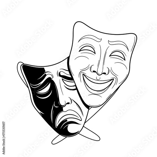 Vector art of theatrical masks representing comedy and tragedy, one smiling and the other frowning, symbolizing duality and performance