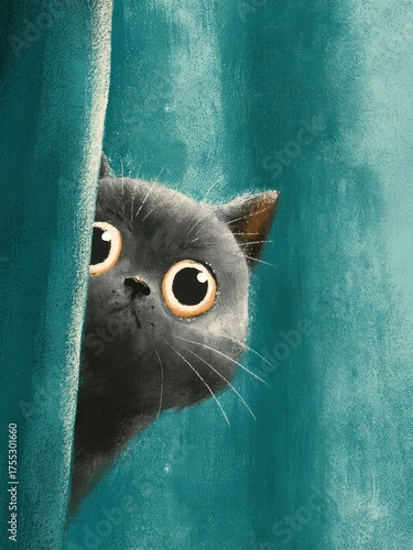 Cute cat peeking through curtain