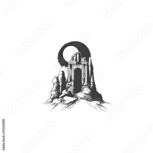 Mysterious and dark monochromatic illustration of an ancient stone archway or ruin built into rugged rock formations under a large, foreboding sun or moon disc