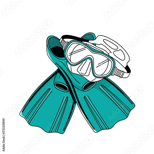 Vector art of a pair of teal diving fins and a white snorkel mask with a black strap, presented as a simple illustration for water sports and underwater exploration equipment, isolated on a