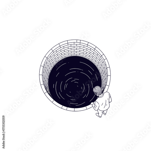 Vector art of a person looking down into a dark, deep well with swirling water, symbolizing mystery, the unknown, or a descent into the subconscious
