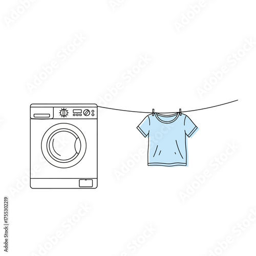 Vector art of a modern washing machine next to a light blue tshirt hanging on a clothesline to dry, representing laundry, chores, and domestic life