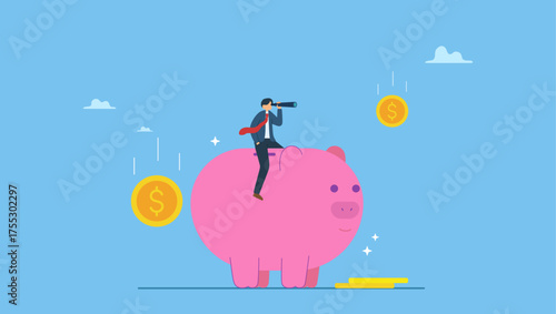 Businessman riding piggybank look through binoculars to see future. Financial future, discover investment opportunity, mutual fund or stock market pension fund, wealth management or savings.