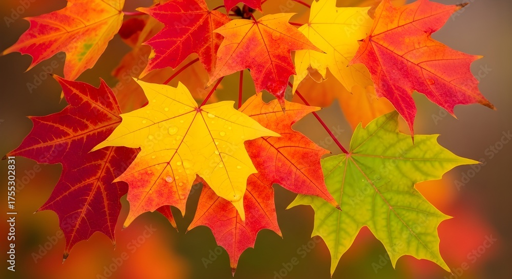 Fototapeta premium Vibrant Autumn Maple Leaves in Gradient of Green, Yellow, and Red