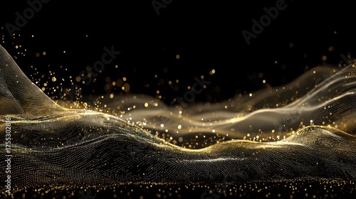 Abstract golden particle waves on black background