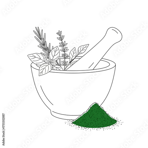 Vector art of mortar and pestle with fresh herbs and green powder, , representing natural remedies, herbal medicine, and organic ingredients for wellness and healthy lifestyle