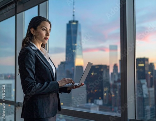 Businesswoman working on laptop in modern office with city skyline view at sunset