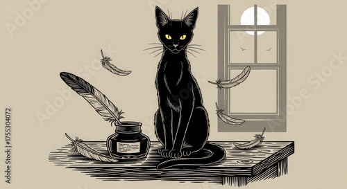 Black cat illustration with inkwell and quill pen in vintage style vector drawing design art