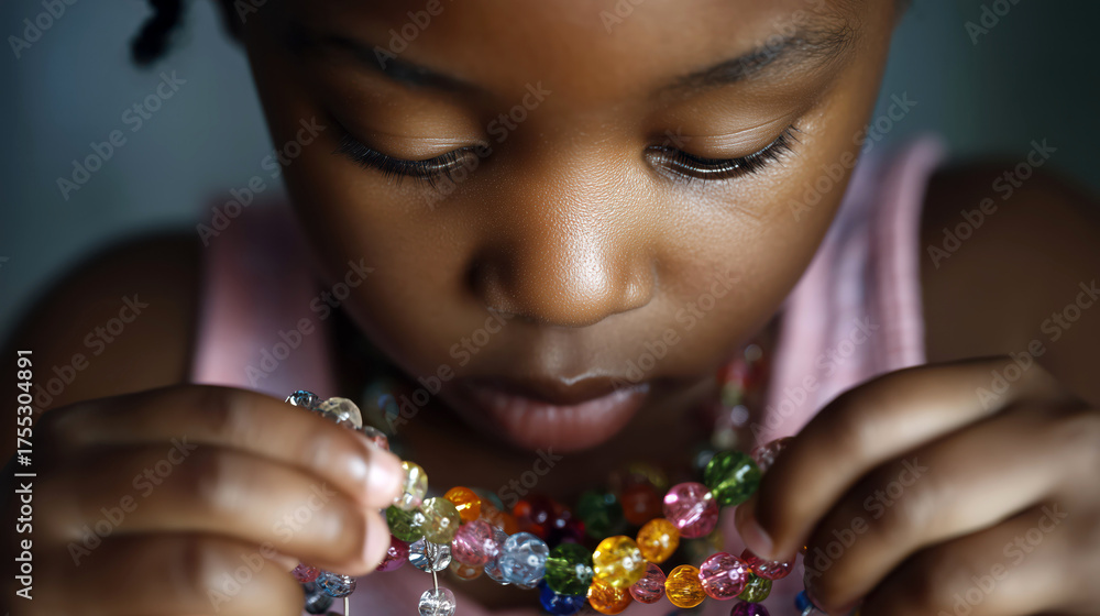 Naklejka premium A young African American girl is engaged in making jewelry with vibrant beads. She carefully strings the beads together, showcasing her creativity and concentration in a cozy setting