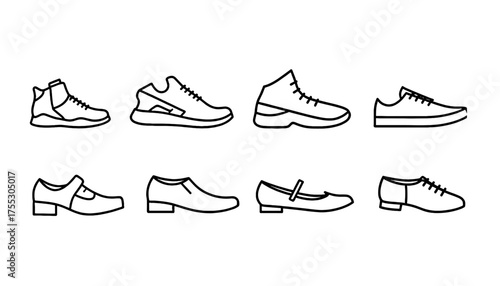 Footwear and Shoe Collection Line Icon Set: Outline Vector Symbols for Athletic Sneakers, Casual Slip-Ons, Dress Shoes, and Kids' Styles